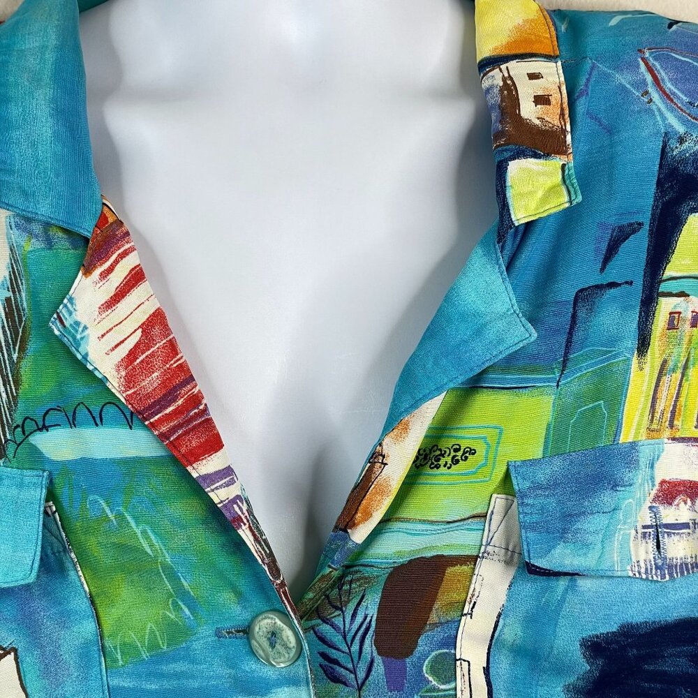 Vintage 90s Top 2X Coastal Venice Style Art To Wear Impressionist Shacket Travel - Picture 3 of 14